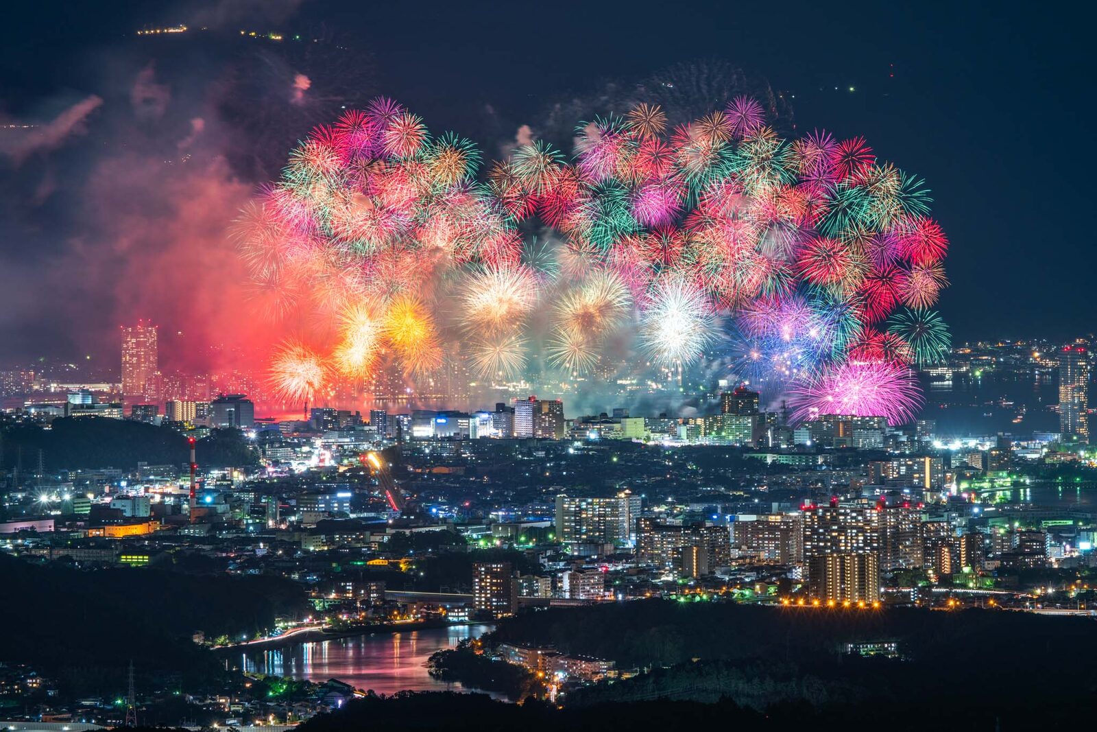 Fireworks over the city and lake